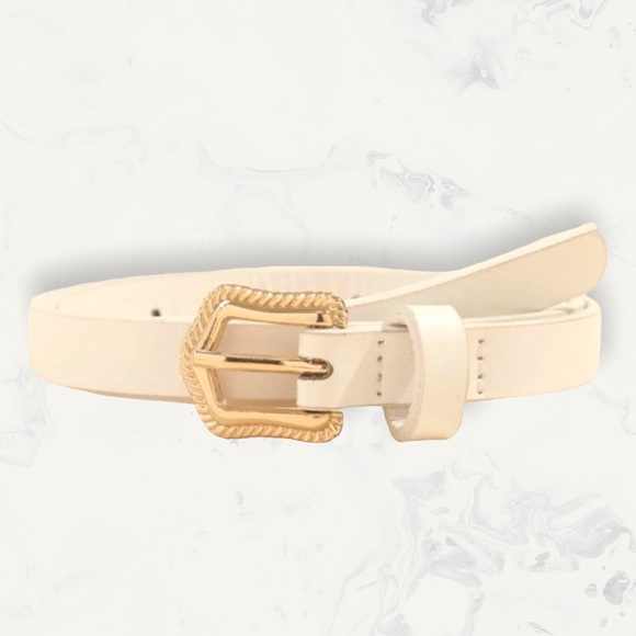 New White Faux Leather Everyday Wear Belt With Gold Tone Engraved Buckle - Picture 2 of 9